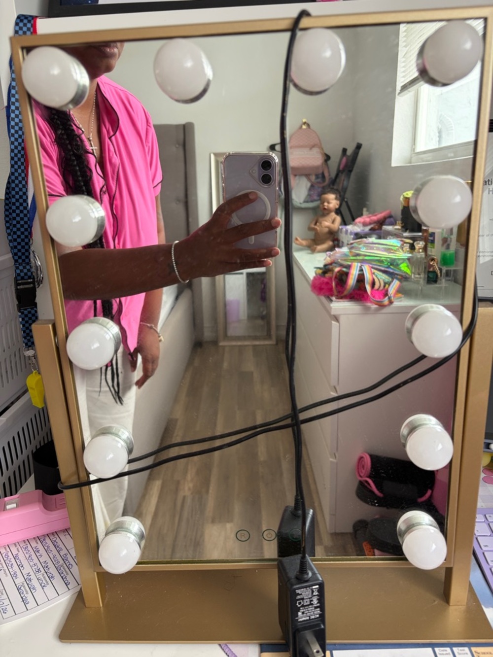 Gold Framed Hollywood Vanity Mirror with Bulbs - Pink Reflection